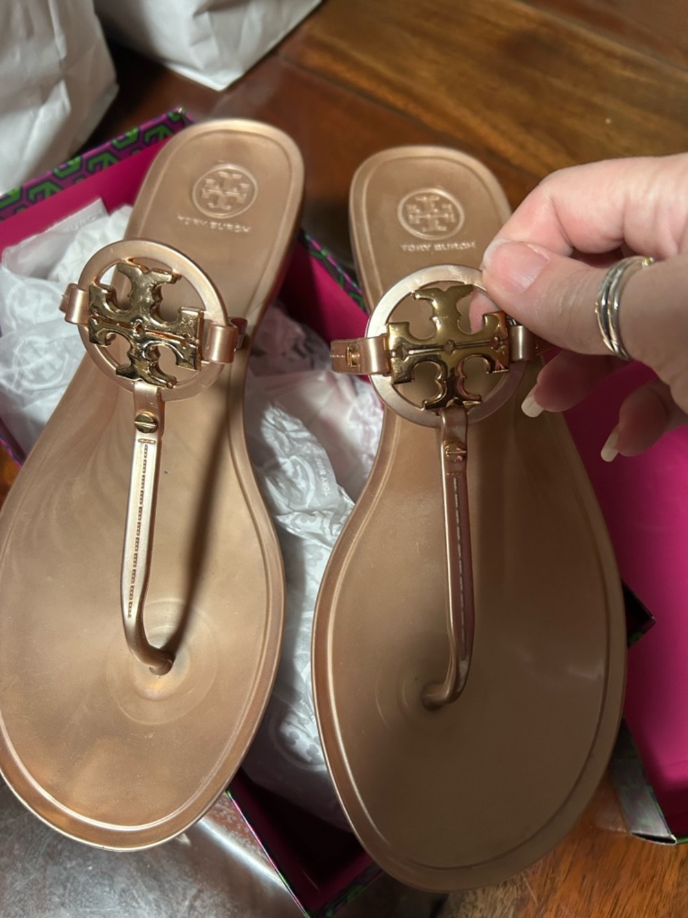 Tory Burch Metallic Tan Logo Thong Sandals with Gold Medallion
